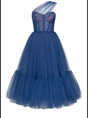 MILLA Blue One-Shoulder Tulle Midi Dress